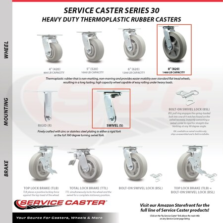 Service Caster 8 Inch Thermoplastic Rubber Swivel Caster Set with Roller Bearings 2 Brakes SCC SCC-30CS820-TPRRF-2-TLB-2